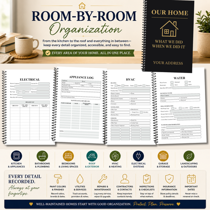 Home Maintenance Logbook for homeowners to organize home repairs, maintenance records, appliance information, paint colors, contractor contacts, utility information, insurance details, inspection notes, remodeling projects, and home improvement history. 