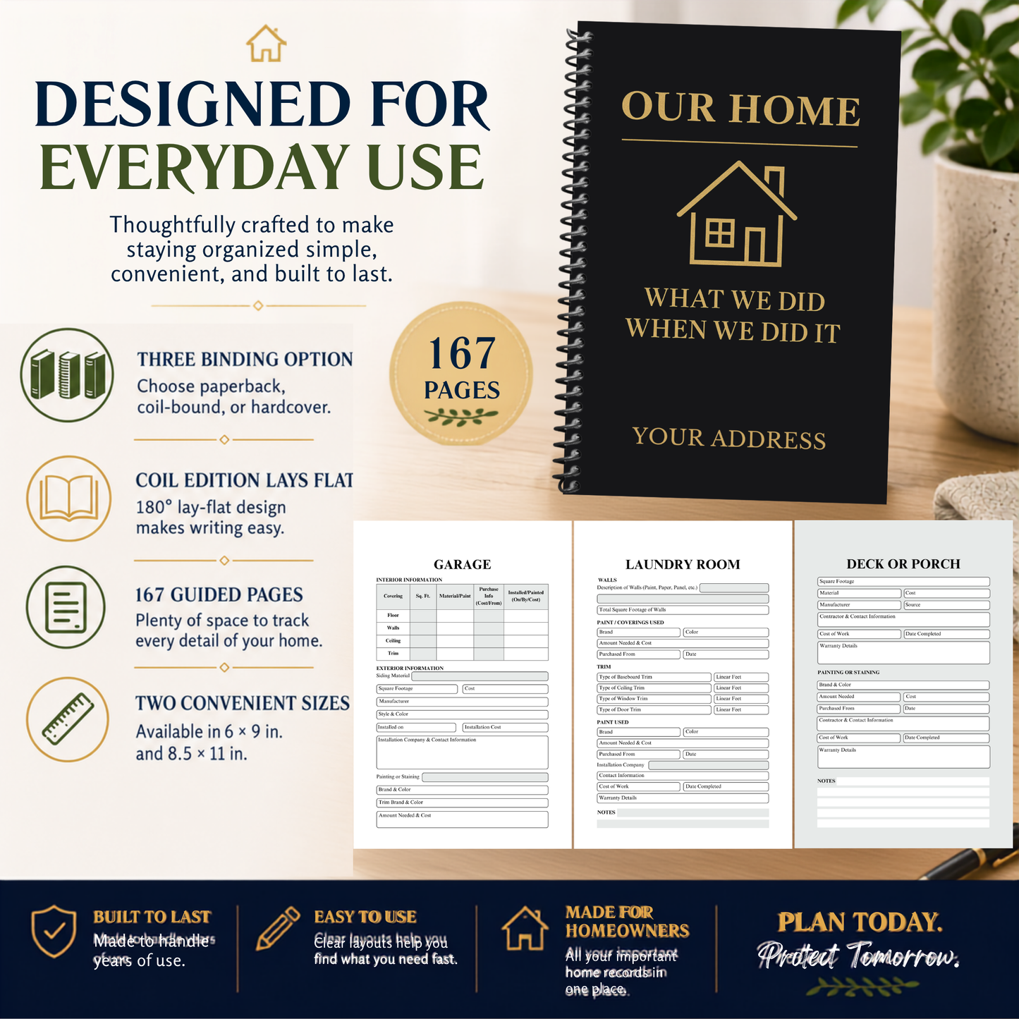 Personalized Home Maintenance Logbook for homeowners to organize home repairs, maintenance records, appliance information, paint colors, contractor contacts, utility information, insurance details, inspection notes, remodeling projects, and home improvement history. 