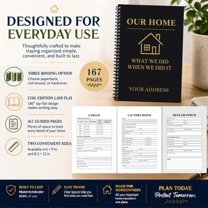 Personalized Home Maintenance Logbook for homeowners to organize home repairs, maintenance records, appliance information, paint colors, contractor contacts, utility information, insurance details, inspection notes, remodeling projects, and home improvement history. 