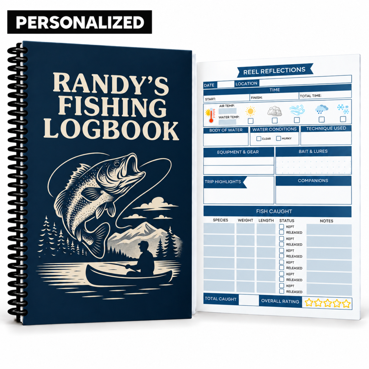 Personalized navy fishing logbook with “Randy’s Fishing Logbook” on the cover, black coil binding, an interior fishing log preview, and a “Personalized” banner.