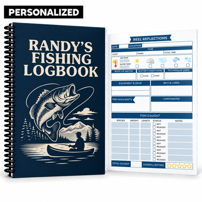 Personalized navy fishing logbook with “Randy’s Fishing Logbook” on the cover, black coil binding, an interior fishing log preview, and a “Personalized” banner.