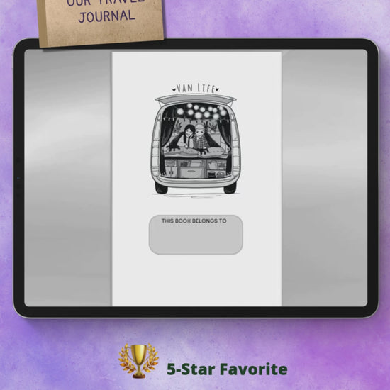 Van Life Travel Journal with illustrated camper van cover and detailed trip planner pages to log campsites, activities, memories, and RV adventures.