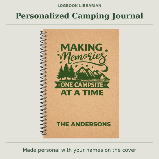 Tan, spiral-bound Making Memories camping journal personalized with “The Andersons.” The video shows the personalized first page with a printed message, then flips through trip planning pages and repeated campground log and memory spreads.