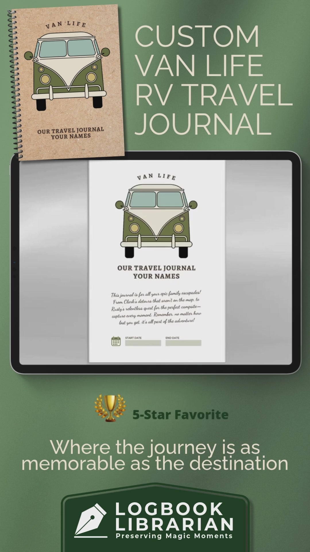 Personalized Van Life RV travel journal and custom camping logbook to track road trips, campsites, and memories. This RV life trip planner and adventure log makes a thoughtful gift for couples, retirees, and campers. A unique travel memory book and camping gift idea for Vanlife RV enthusiasts.