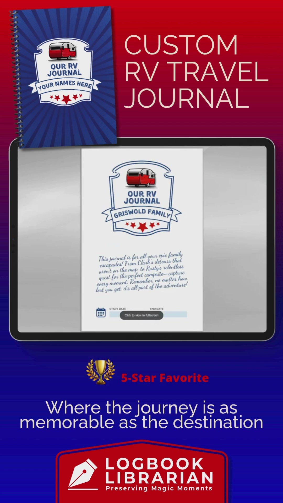 This RV travel journal and personalized road trip log book is perfect for RVers, campers, and motorhome owners who want to capture every adventure. Featuring detailed RV trip planner pages, campground logs, packing lists, checklists, and campsite trackers, this unique RV journal makes an ideal gift for couples, retirees, and anyone living the full-time RV lifestyle. Keep your memories organized and preserved in this custom RV log book designed for unforgettable road trips across the USA.