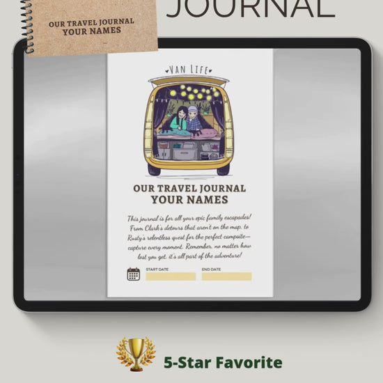 Personalized Van Life Journal with custom cover, travel logbook pages, trip planner, maintenance checklist, and memory sections for RV and road trip adventures.