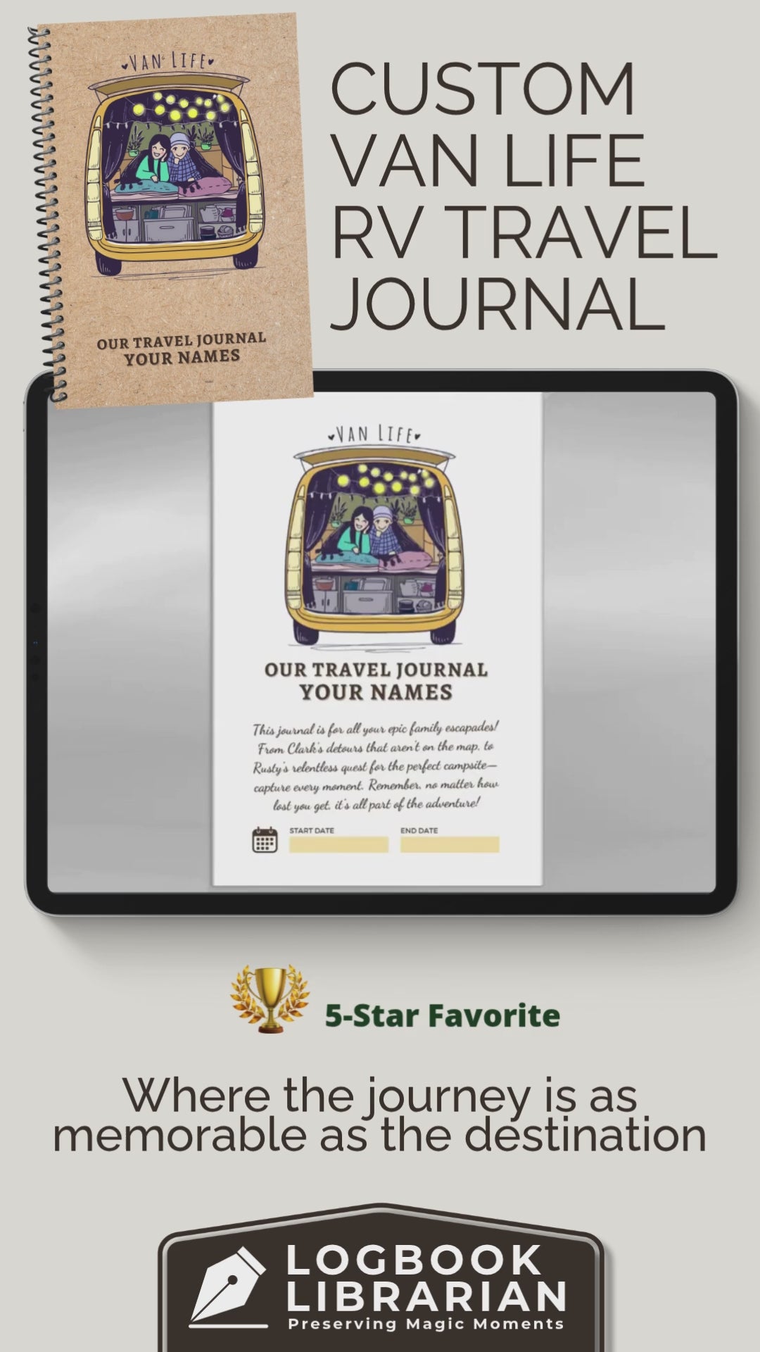 Personalized Van Life Journal with custom cover, travel logbook pages, trip planner, maintenance checklist, and memory sections for RV and road trip adventures.