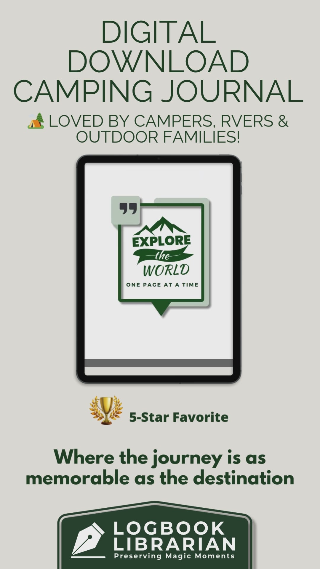 Printable camping journal PDF with campsite tracker, RV logbook, travel journal, meal planner, camping gear checklist, packing list, and expense tracker. Instant download for RV owners, tent campers, and full-time travelers. Digital logbook for documenting campground stays, outdoor adventures, and road trip memories. Includes multiple cover designs, reusable format, and print-at-home pages. Great camper gift or trip planner.

