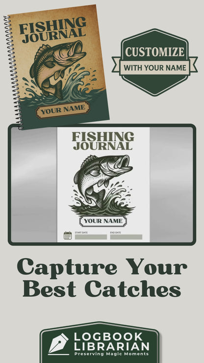 Personalized fishing journal and logbook to record fishing trips, catches, locations, weather, gear, and memories – great gift for fishermen, bass fishing, saltwater fishing, and anglers of all levels.