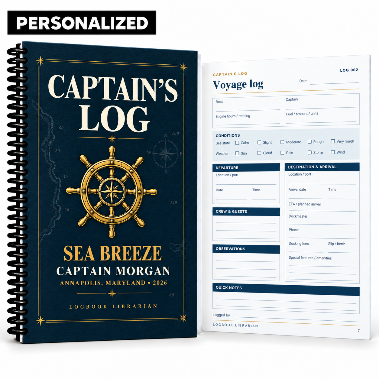 Video preview of Logbook Librarian’s Captain’s Log, showing the navy-and-gold nautical cover, guided pages for tracking weather, crew, departures and arrivals, and lined pages for boating memories.