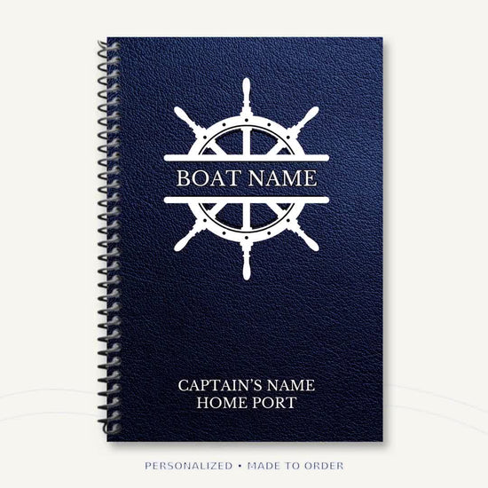 Slideshow preview of the personalized White Wheel Captain’s Logbook, featuring custom boat name, captain’s name, home port and optional inscription, plus voyage pages, boating reference sections, available sizes and binding choices.