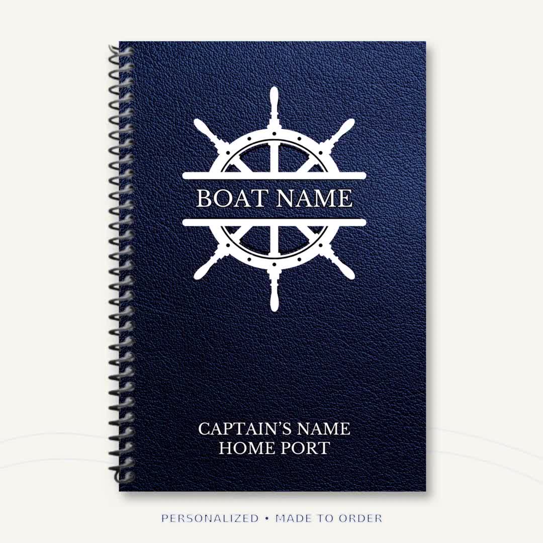 Slideshow preview of the personalized White Wheel Captain’s Logbook, featuring custom boat name, captain’s name, home port and optional inscription, plus voyage pages, boating reference sections, available sizes and binding choices.