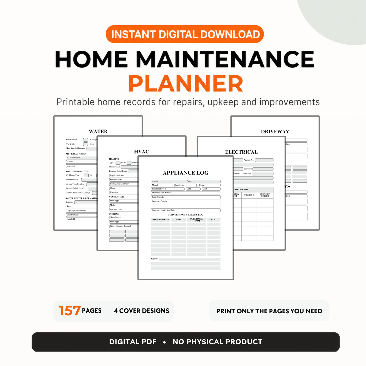 Printable home maintenance planner digital download with 157 pages and four cover designs for recording repairs, appliances, HVAC, electrical, water, and improvements.