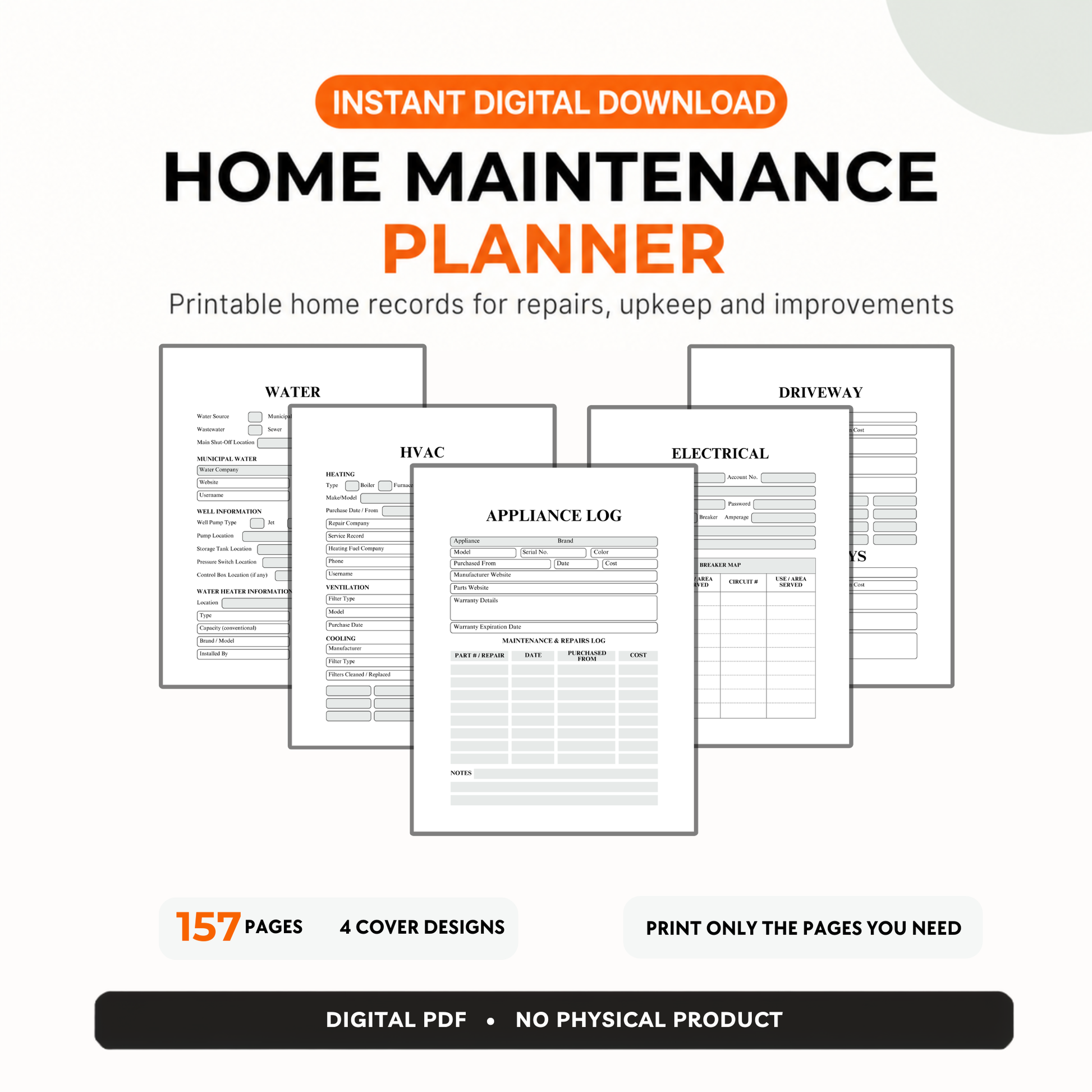 Printable home maintenance planner digital download with 157 pages and four cover designs for recording repairs, appliances, HVAC, electrical, water, and improvements.