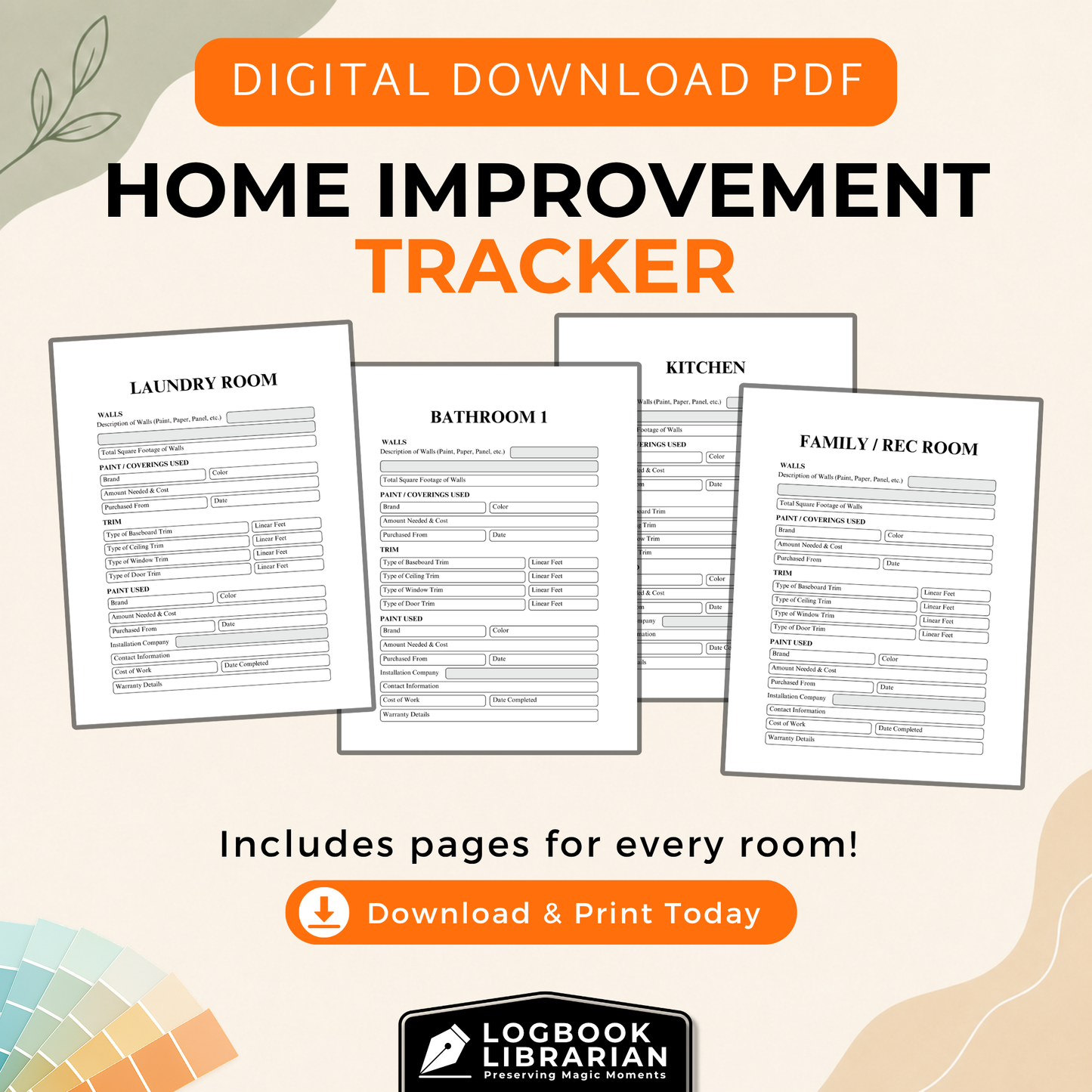 Printable home improvement tracker digital download with room-by-room pages for recording paint, trim, renovation costs, contractors, warranties, and completion dates.