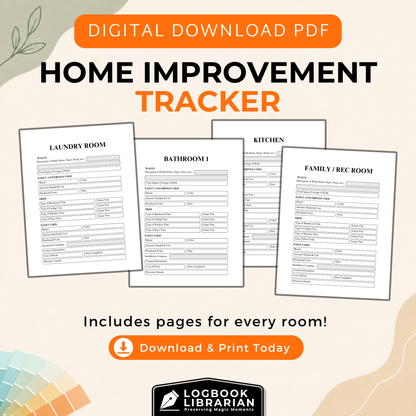 Printable home improvement tracker digital download with room-by-room pages for recording paint, trim, renovation costs, contractors, warranties, and completion dates.