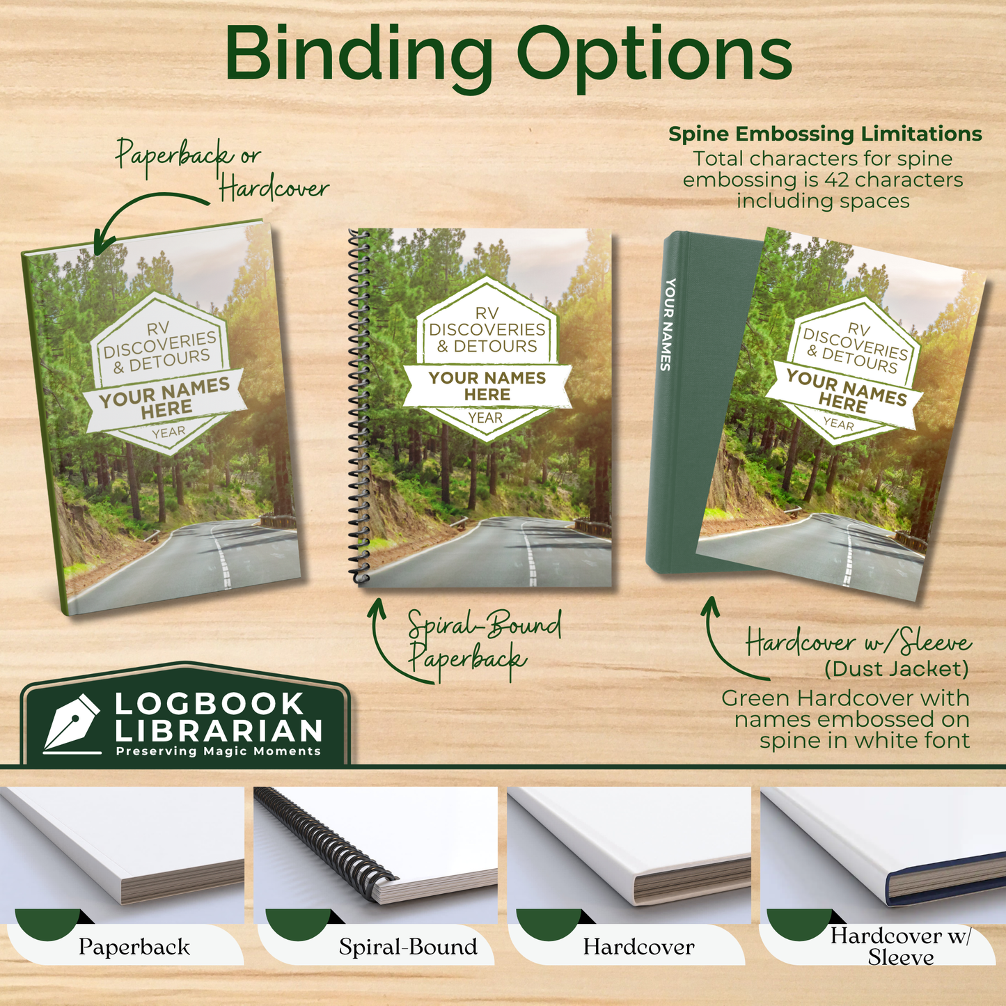 Personalized RV travel journals showing binding options including paperback, spiral-bound, hardcover, and hardcover with sleeve, custom camping logbooks with name and year on cover for RV owners.