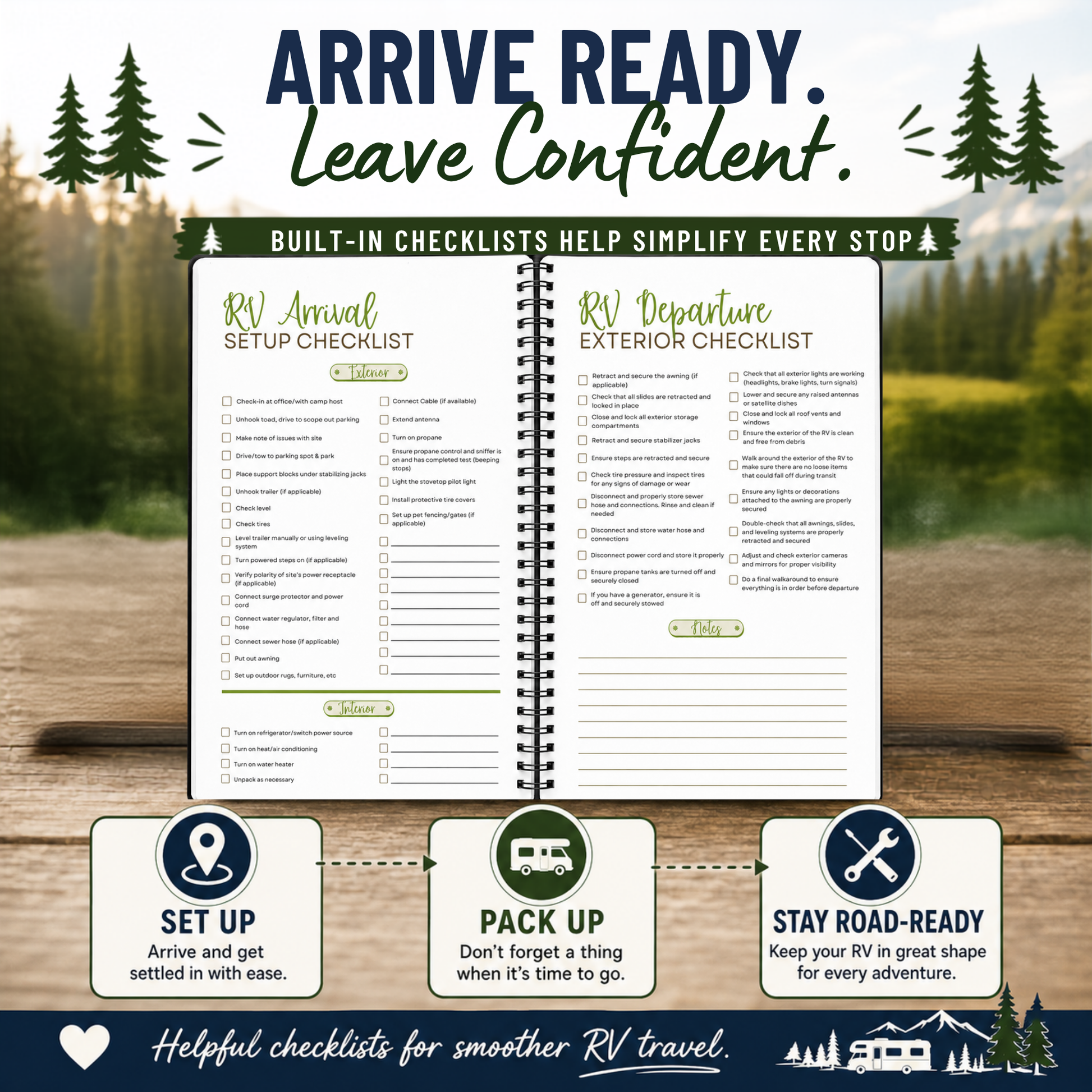 RV arrival and departure checklists for campsite setup, packing up and staying road-ready
