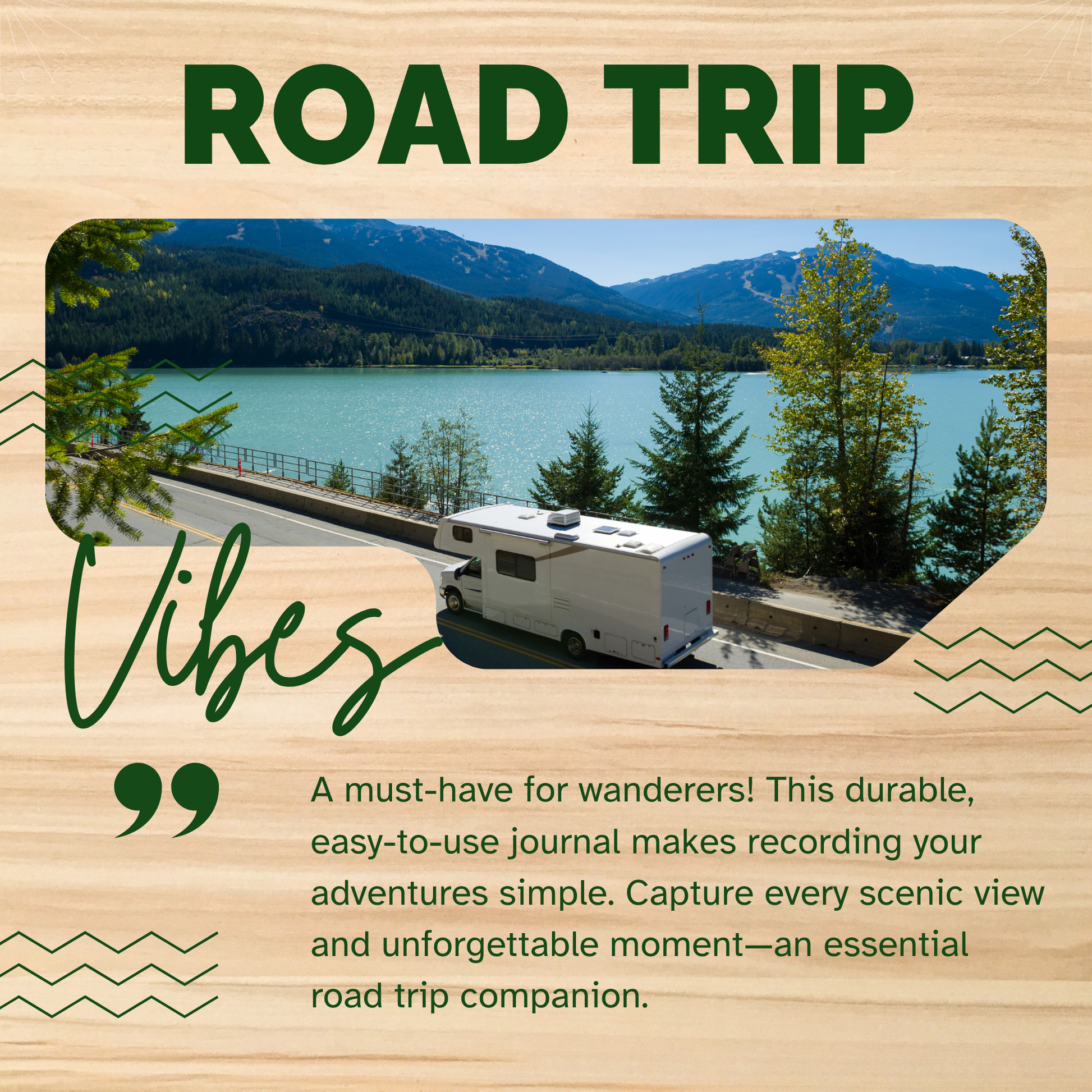 RV parked by scenic lake and mountains with text road trip vibes, promoting durable easy-to-use travel journal for recording adventures, perfect camping gift for RV owners and road trip enthusiasts.