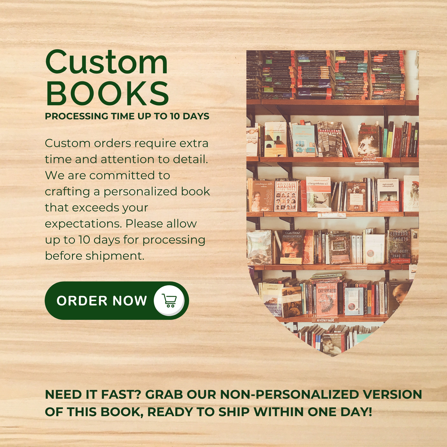 Custom RV travel journal order information with processing time up to 10 days, bookshelf with books, personalized camping logbooks available in fast shipping non-custom version for RV owners and campers.