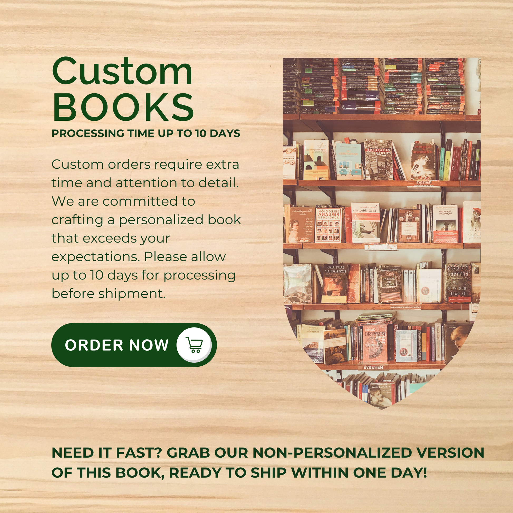 Custom RV travel journal order information with processing time up to 10 days, bookshelf with books, personalized camping logbooks available in fast shipping non-custom version for RV owners and campers.