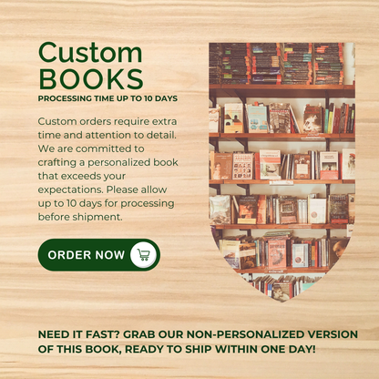 Custom RV travel journal order information with processing time up to 10 days, bookshelf with books, personalized camping logbooks available in fast shipping non-custom version for RV owners and campers.