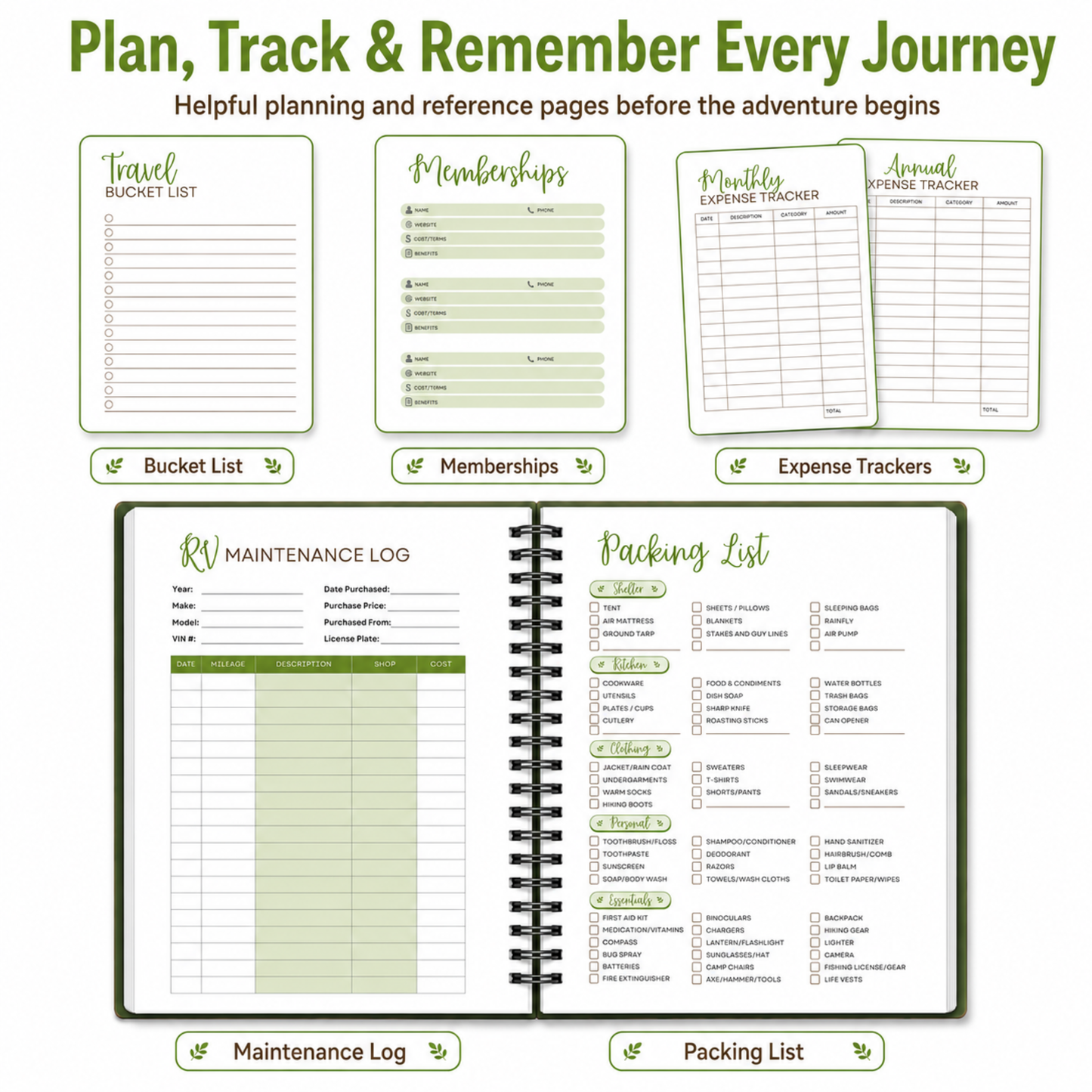 RV journal planning pages with bucket list, memberships, expense trackers, maintenance log and packing list