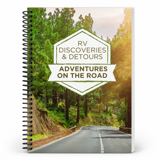 Spiral-bound RV travel journal and campground log book titled RV Discoveries & Detours