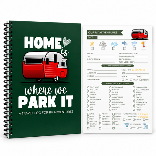 RV travel journal and camping logbook with spiral binding, retro camper cover, and guided tracker page for recording routes, mileage, campground details, amenities, weather, and trip notes.