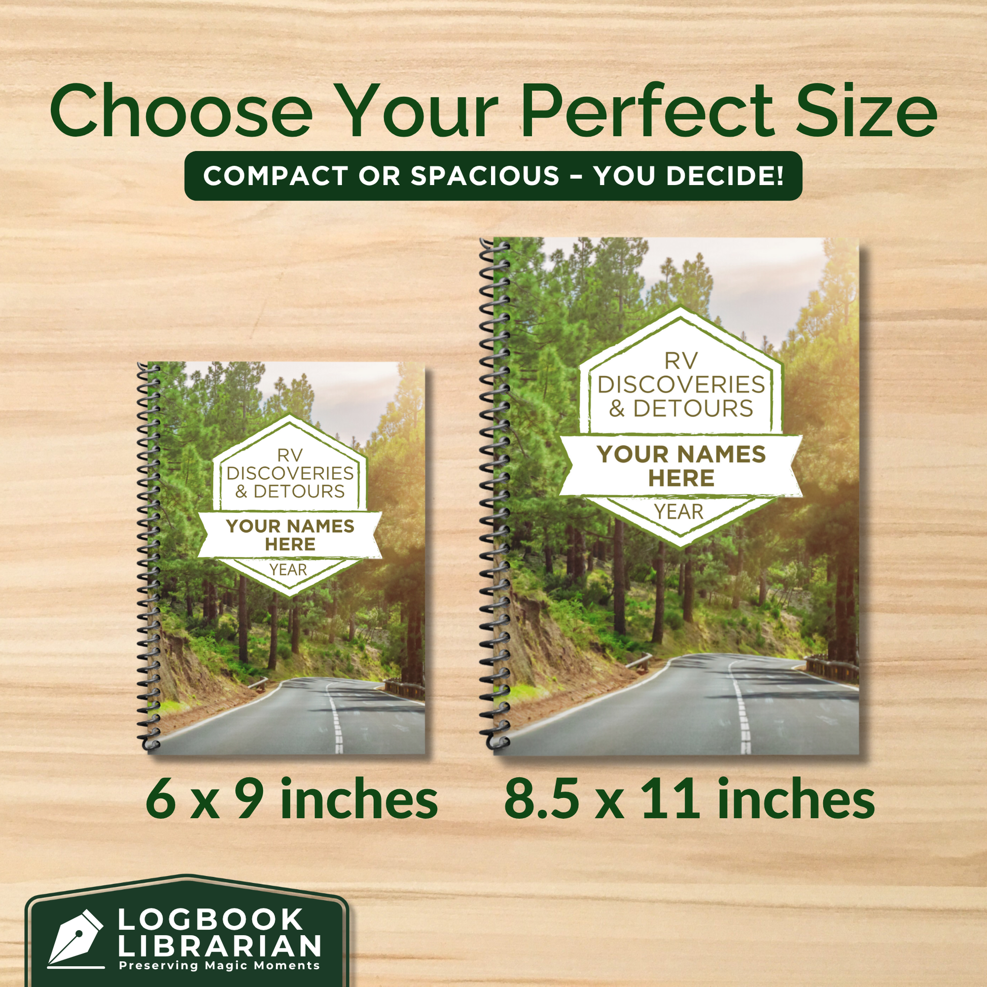 Two personalized RV travel journals in 6x9 and 8.5x11 sizes with custom name and year on cover, spiral-bound camping logbooks to track trips and campsite details for RV owners and travelers.