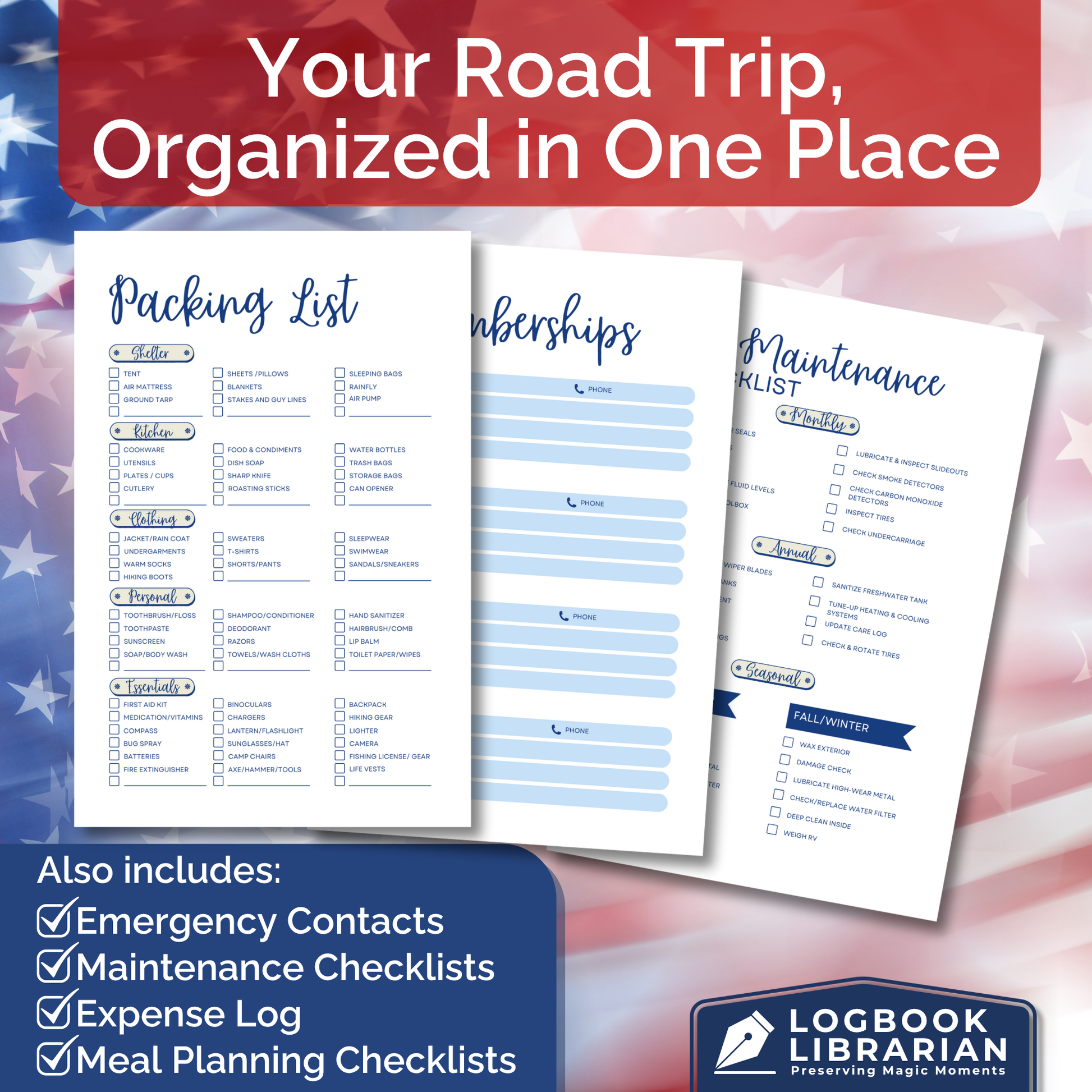 This RV travel journal and personalized road trip log book is perfect for RVers, campers, and motorhome owners who want to capture every adventure. Featuring detailed RV trip planner pages, campground logs, packing lists, checklists, and campsite trackers, this unique RV journal makes an ideal gift for couples, retirees, and anyone living the full-time RV lifestyle. Keep your memories organized and preserved in this custom RV log book designed for unforgettable road trips across the USA.