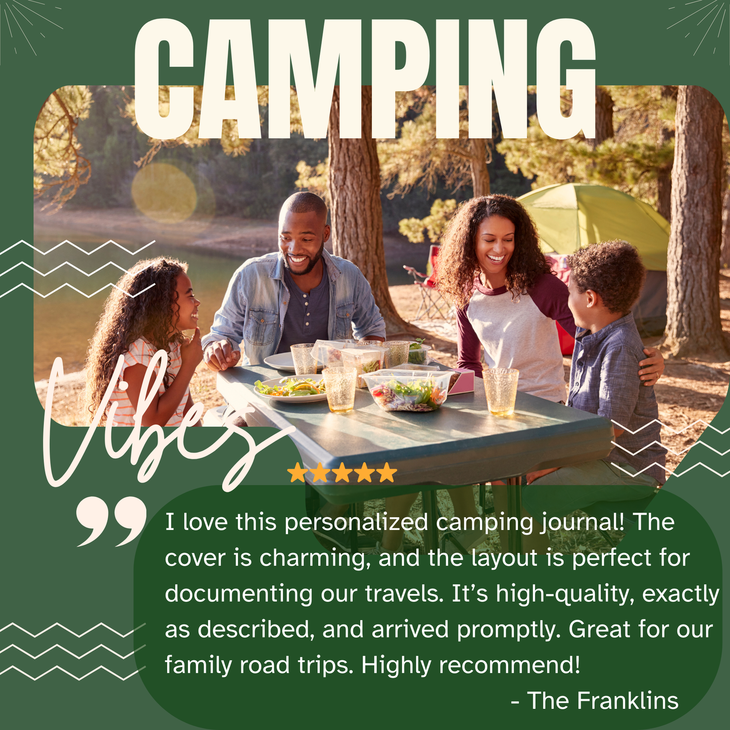 "Family enjoying camping with their personalized camping journal - perfect for documenting outdoor memories"