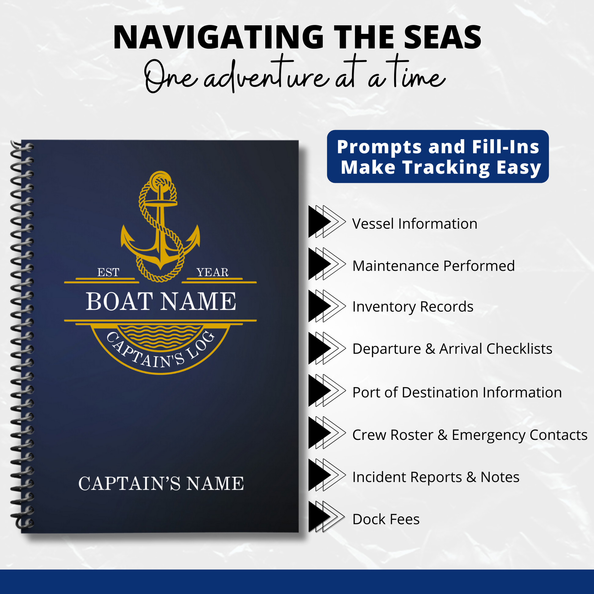 Custom captains logbook with navy blue cover and gold anchor design from Logbook Librarian. Features prompts and fill-ins for vessel information, maintenance, inventory records, and more.