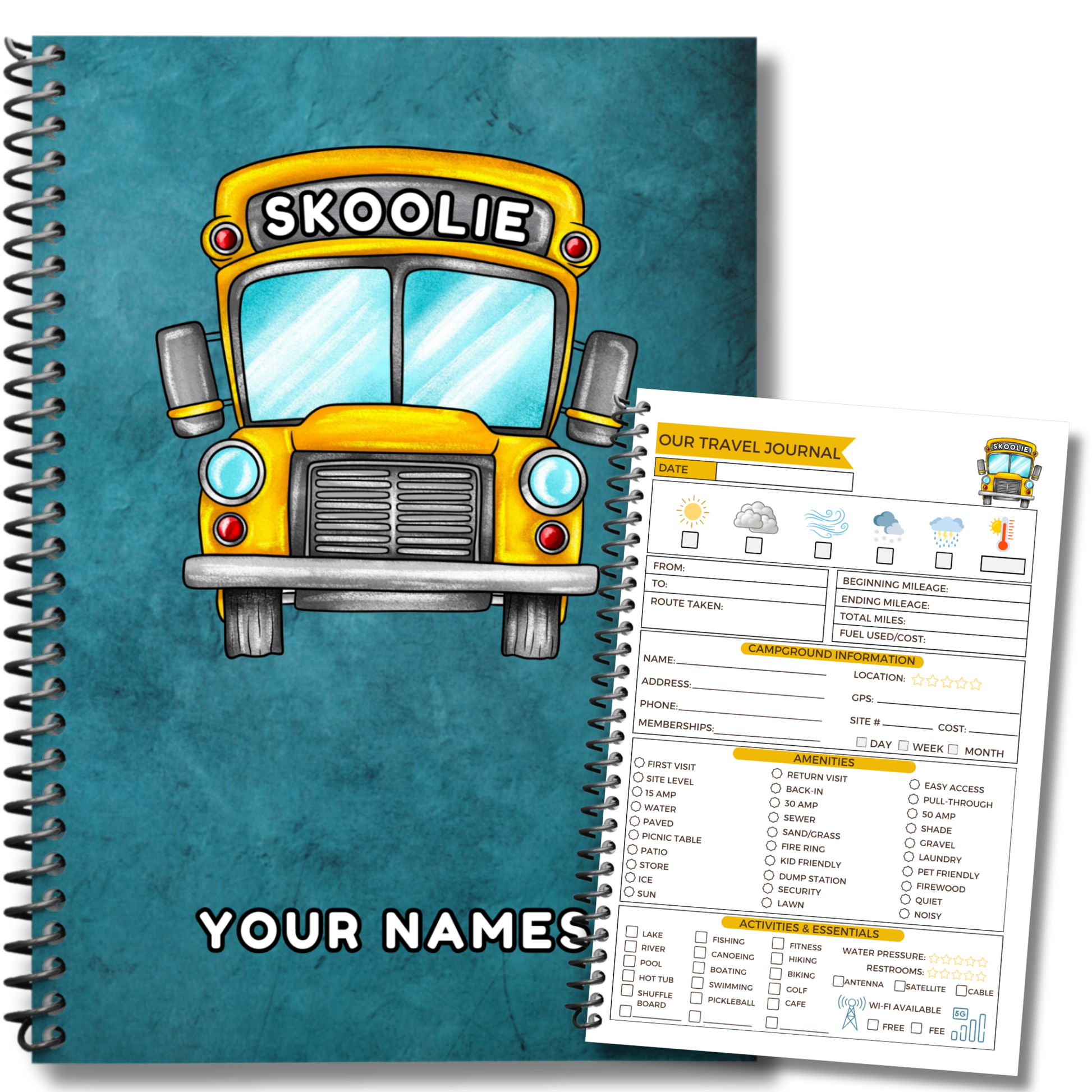 Skoolie Journal and travel logbook for bus conversion owners and skoolie enthusiasts. This adventure diary includes 120 guided pages for trip planning, packing lists, expense tracking, meal planning, and memory pages to capture road trip experiences. Perfect gift for bus life travelers, van life fans, and tiny home nomads. Record your skoolie journeys, keep organized, and create a lasting keepsake of life on the road.