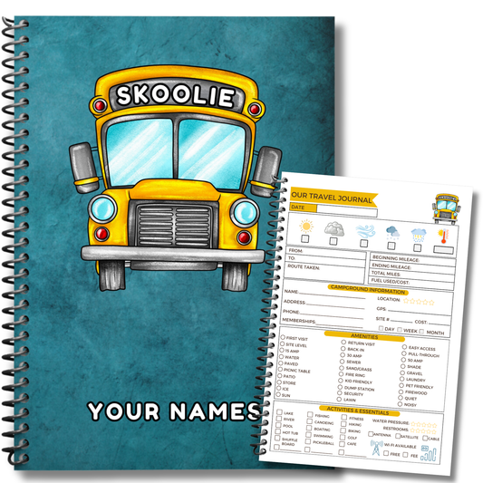 Skoolie Journal and travel logbook for bus conversion owners and skoolie enthusiasts. This adventure diary includes 120 guided pages for trip planning, packing lists, expense tracking, meal planning, and memory pages to capture road trip experiences. Perfect gift for bus life travelers, van life fans, and tiny home nomads. Record your skoolie journeys, keep organized, and create a lasting keepsake of life on the road.