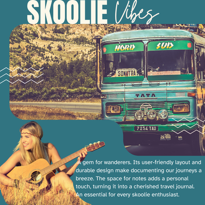 Skoolie Journal and travel logbook for bus conversion owners and skoolie enthusiasts. This adventure diary includes 120 guided pages for trip planning, packing lists, expense tracking, meal planning, and memory pages to capture road trip experiences. Perfect gift for bus life travelers, van life fans, and tiny home nomads. Record your skoolie journeys, keep organized, and create a lasting keepsake of life on the road.
