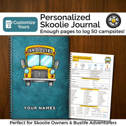 Skoolie Journal and travel logbook for bus conversion owners and skoolie enthusiasts. This adventure diary includes 120 guided pages for trip planning, packing lists, expense tracking, meal planning, and memory pages to capture road trip experiences. Perfect gift for bus life travelers, van life fans, and tiny home nomads. Record your skoolie journeys, keep organized, and create a lasting keepsake of life on the road.