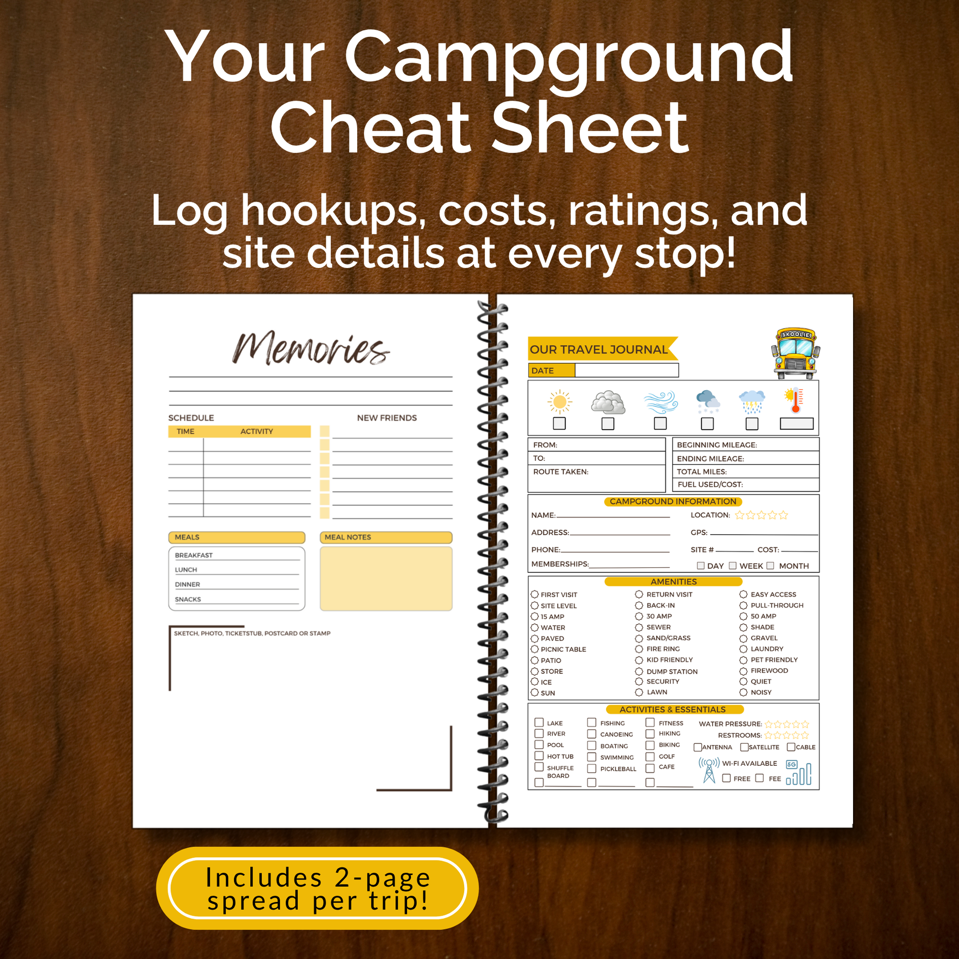 Skoolie Journal and travel logbook for bus conversion owners and skoolie enthusiasts. This adventure diary includes 120 guided pages for trip planning, packing lists, expense tracking, meal planning, and memory pages to capture road trip experiences. Perfect gift for bus life travelers, van life fans, and tiny home nomads. Record your skoolie journeys, keep organized, and create a lasting keepsake of life on the road.