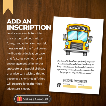 Skoolie Journal and travel logbook for bus conversion owners and skoolie enthusiasts. This adventure diary includes 120 guided pages for trip planning, packing lists, expense tracking, meal planning, and memory pages to capture road trip experiences. Perfect gift for bus life travelers, van life fans, and tiny home nomads. Record your skoolie journeys, keep organized, and create a lasting keepsake of life on the road.
