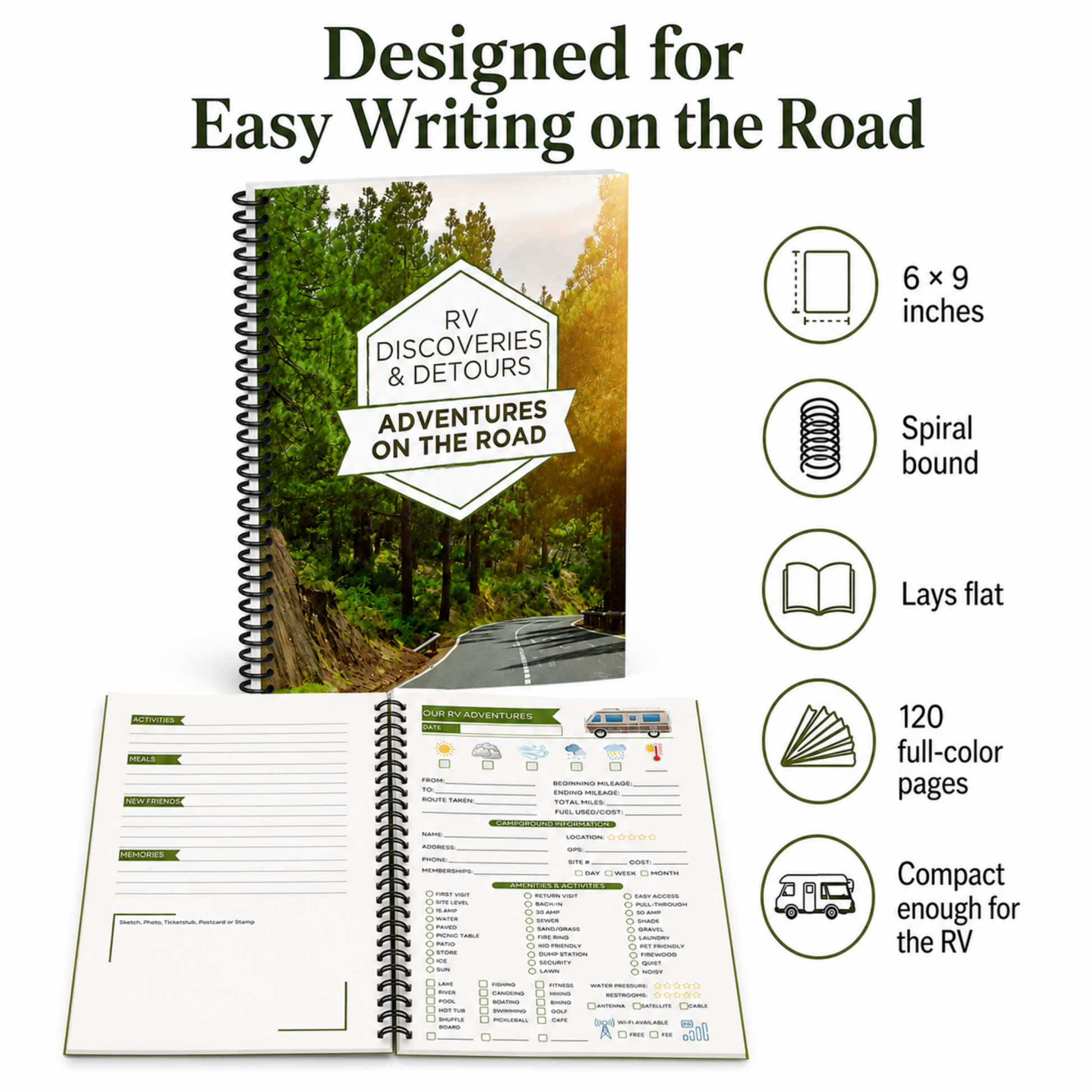 6 by 9 inch spiral-bound RV journal that lays flat with 120 full-color pages