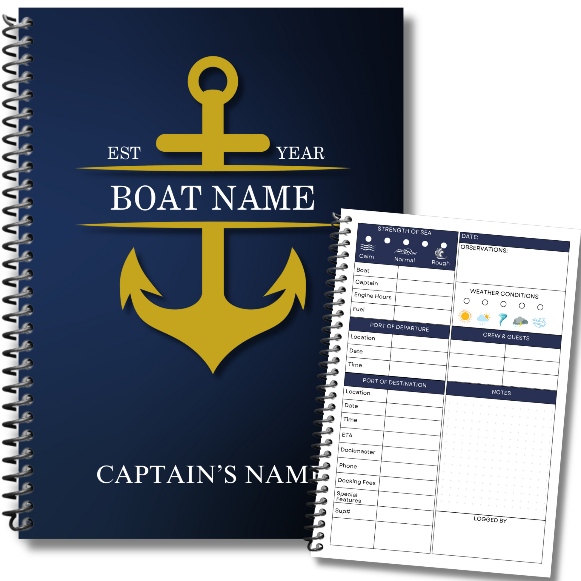 Custom captains logbook with navy blue cover and gold anchor design from Logbook Librarian. Interior page displayed with sections for strength of sea, weather conditions, port of departure and destination, crew and guests.