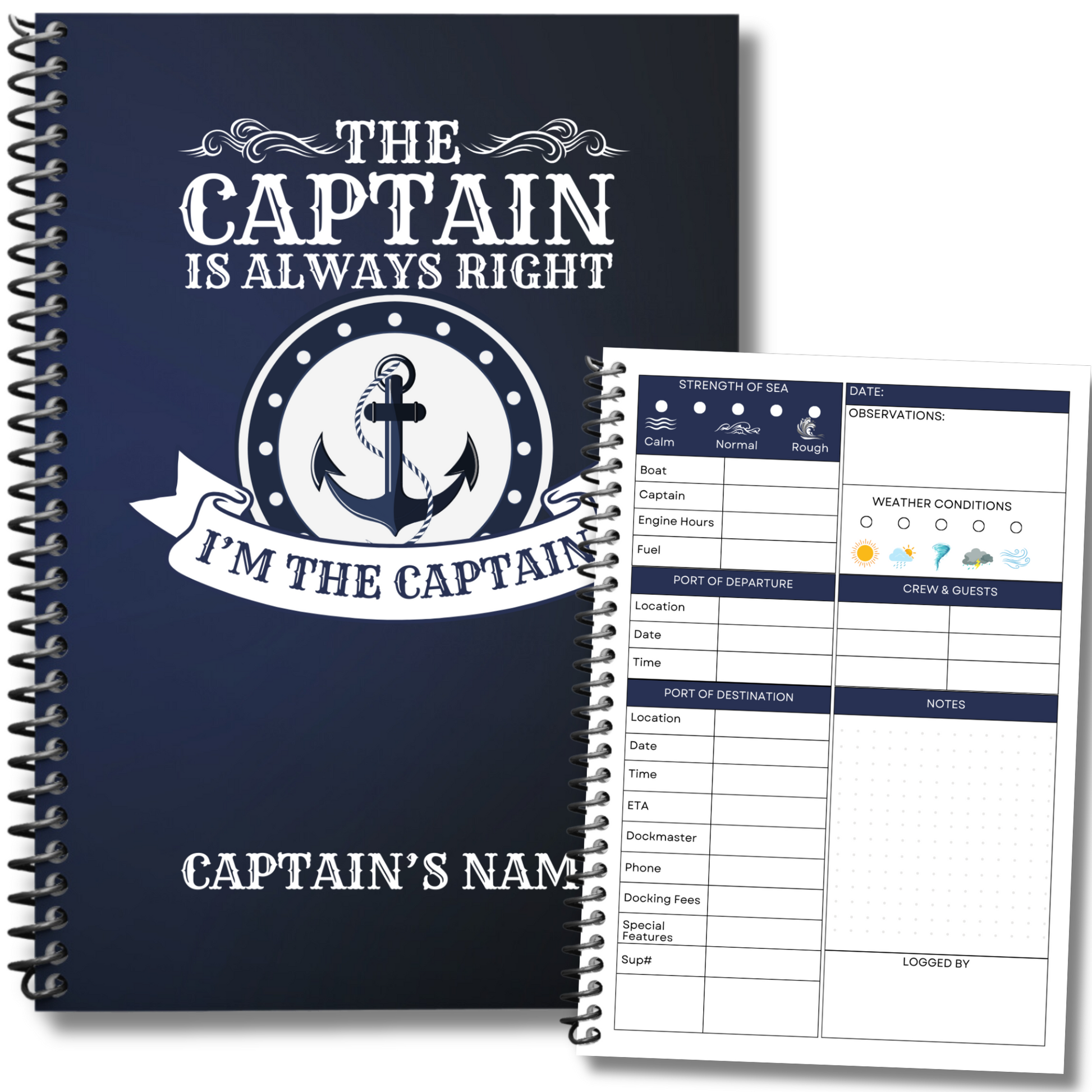 Custom Captains Log: Personalized Captains log book with white ships wheel design on a navy blue cover. Features sections for weather conditions, port of departure, crew, fuel, and more. Perfect for documenting up to 50 trips.