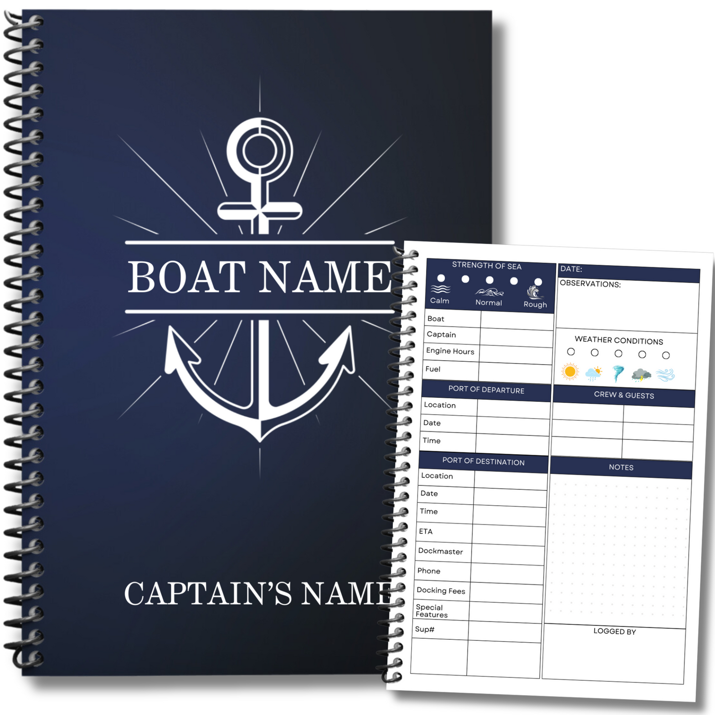 "Custom Captain's Log featuring a personalized cover with boat name and captain's name, shown alongside an interior page with sections for strength of sea, weather conditions, port of departure and destination, crew & guests, and observations. Text overlay highlights 'Custom Captains Log' and 'Enough Pages to Log 50 Trips!'"