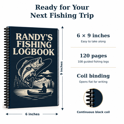 Size diagram of a 6 x 9-inch fishing logbook with 120 pages and 108 guided fishing logs. A close-up highlights the continuous black coil binding, which opens flat for writing.