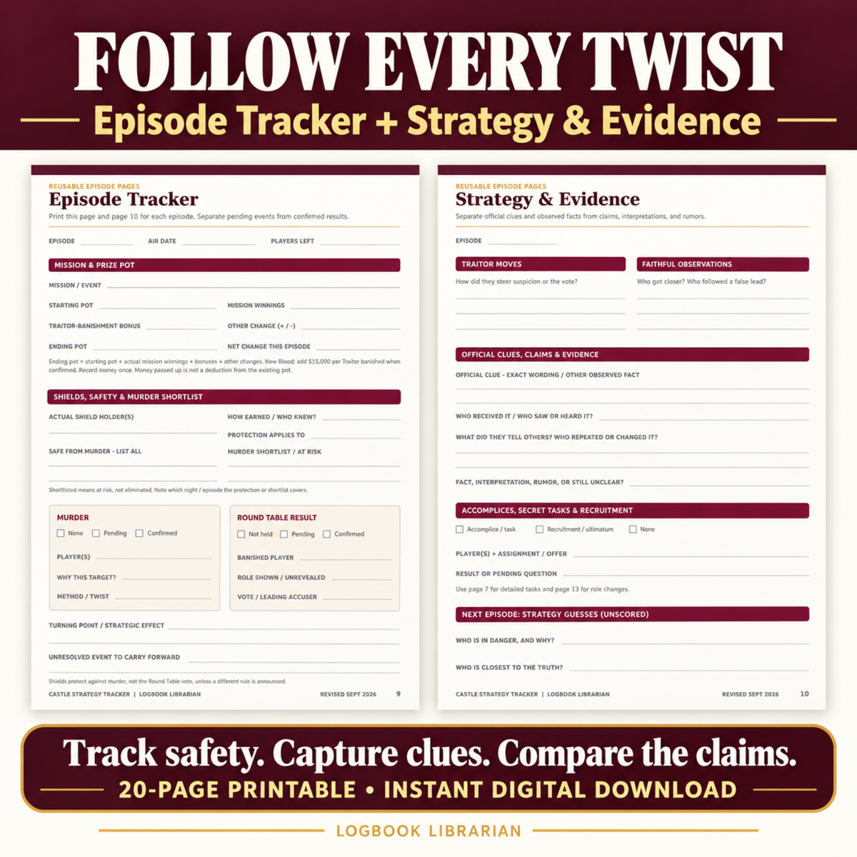 The Traitors episode tracker and strategy worksheets for recording suspicions, official clues, player claims and evidence throughout the game.