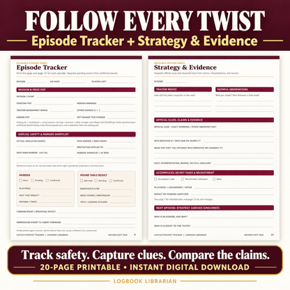 The Traitors episode tracker and strategy worksheets for recording suspicions, official clues, player claims and evidence throughout the game.