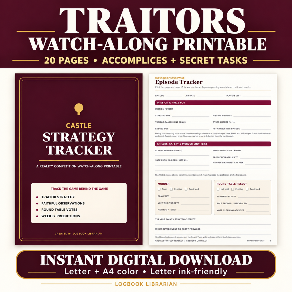 The Traitors watch-along printable with burgundy and cream cover and episode tracker. Includes 20 pages in US Letter, A4 and ink-friendly formats.