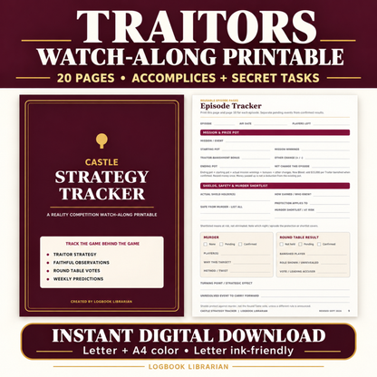 The Traitors watch-along printable with burgundy and cream cover and episode tracker. Includes 20 pages in US Letter, A4 and ink-friendly formats.