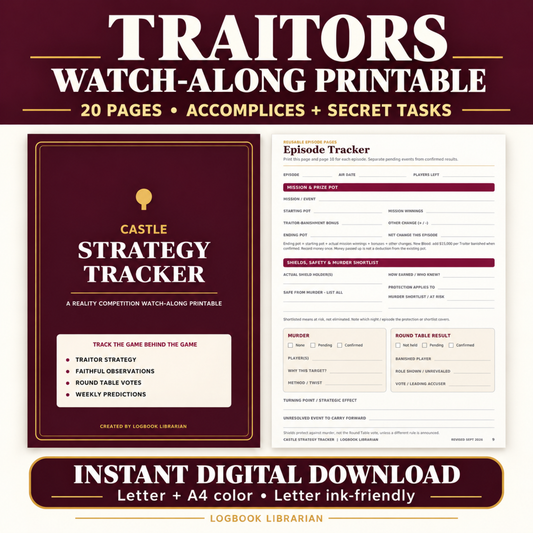 The Traitors watch-along printable with burgundy and cream cover and episode tracker. Includes 20 pages in US Letter, A4 and ink-friendly formats.