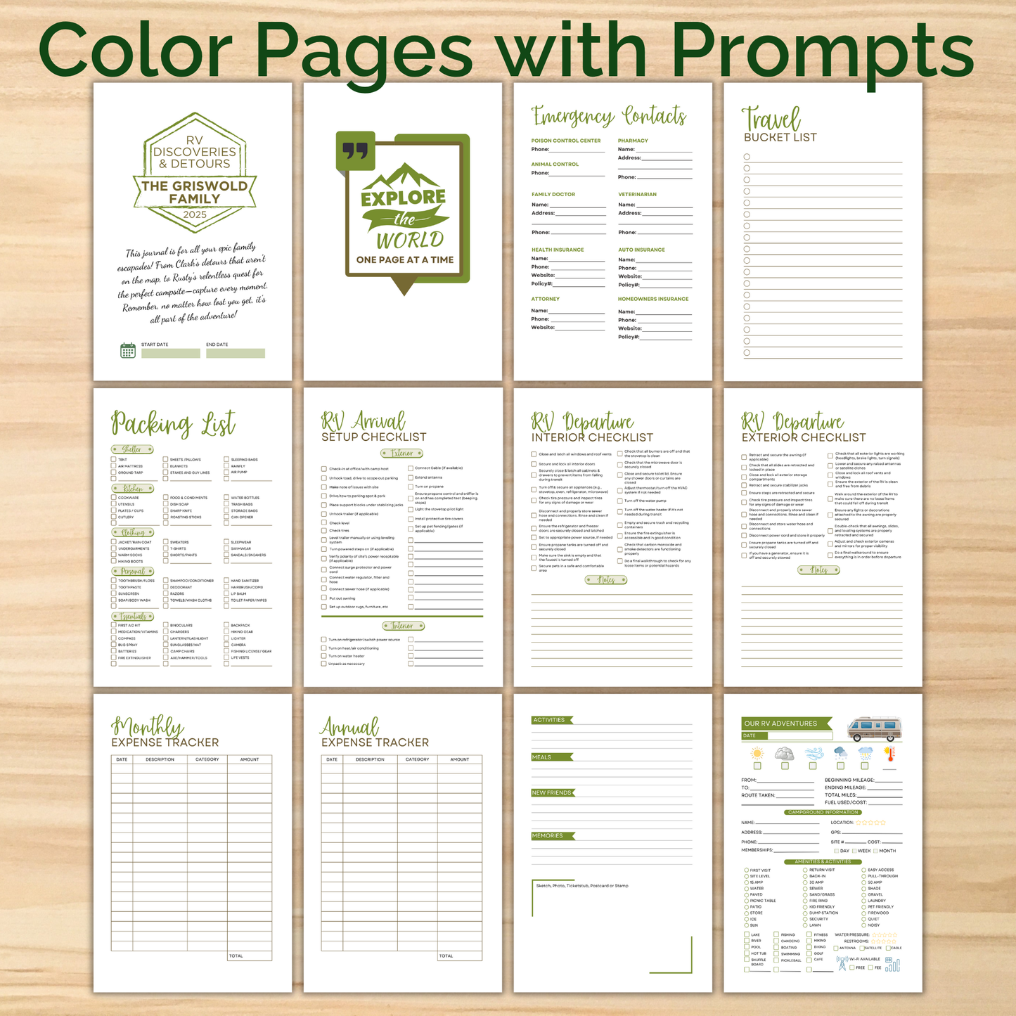 RV travel journal interior pages with color prompts including emergency contacts, packing list, travel bucket list, expense trackers, checklists, and trip log, organized camping planner for RV owners.